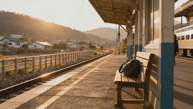 Travel bag on a quiet train station bench at dusk