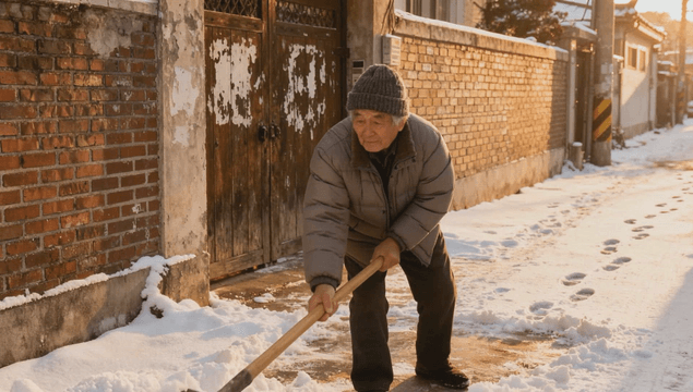 Elderly man clearing snow in the alley at dusk