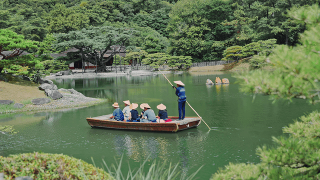 Serene boat ride in a lush garden
