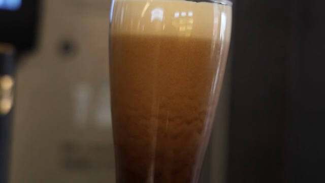 A stout with a head of foam in a glass