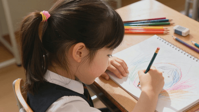 Young girl drawing in a sketchbook with colored pencils