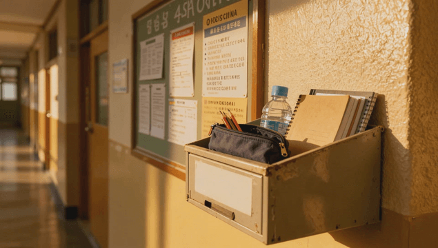 School hallway filled with stationery at sunset
