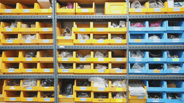 Organized storage shelves with various items