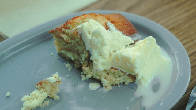 Melting ice cream with madeleine pieces