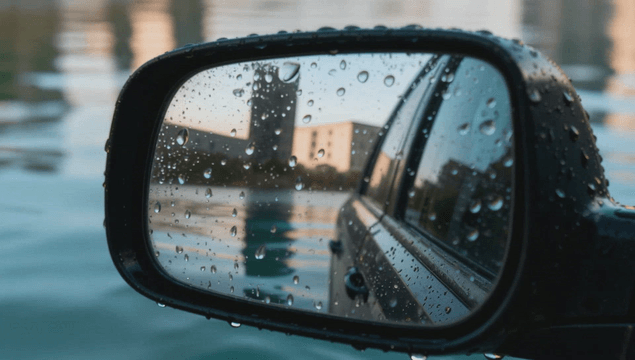 Raindrops on sinking car side mirror