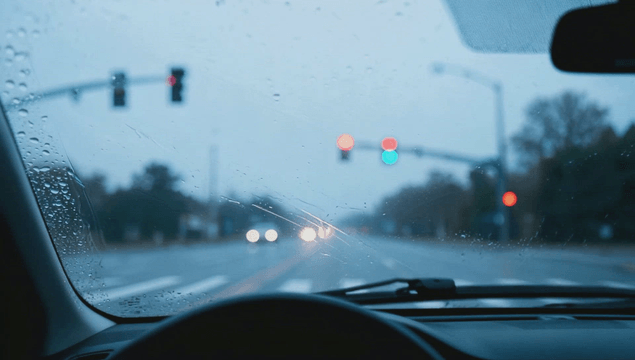 Driving slowly in the rain with traffic lights