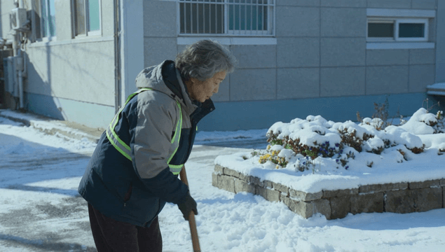 Elderly woman clearing snow in winter