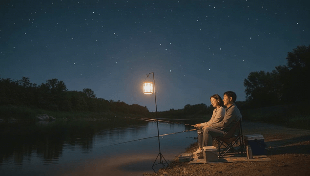 Couple night fishing by riverside under starlight