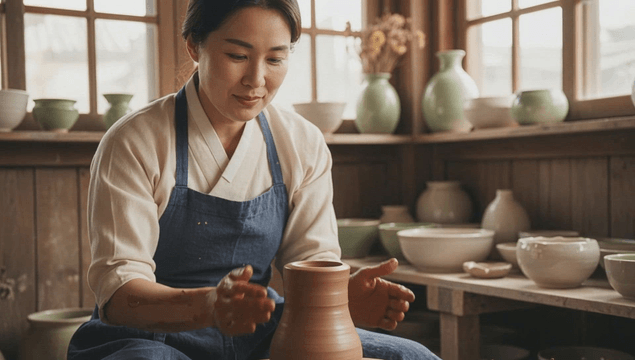 Female artisan crafting pottery in a workshop