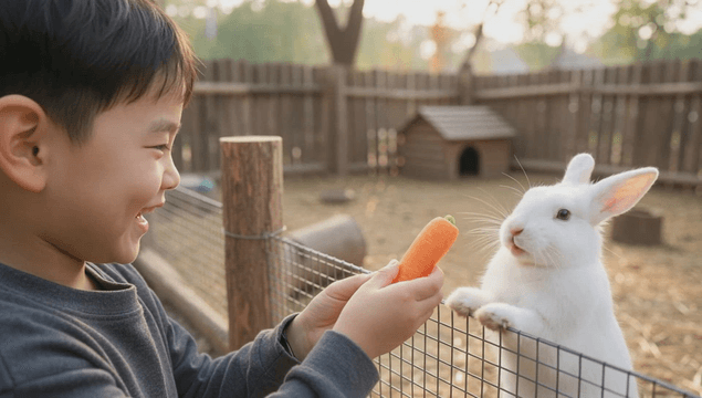 White rabbit eating carrot given by child inside enclosure