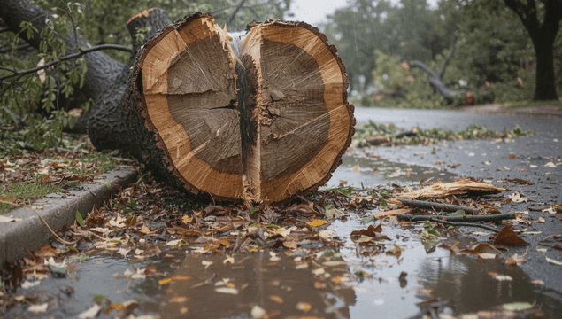 Fallen tree trunk on a rainy road
