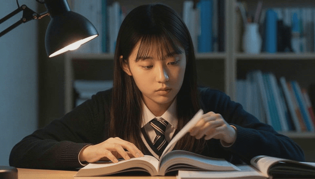 Student in school uniform studying under a desk lamp