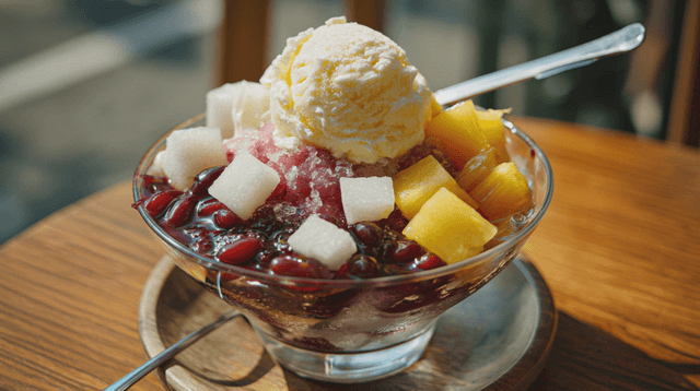 A bowl of colorful Korean shaved ice