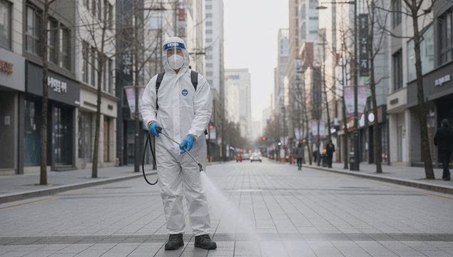 도시 거리에서 방역 소독을 하는 방진복입은 작업자