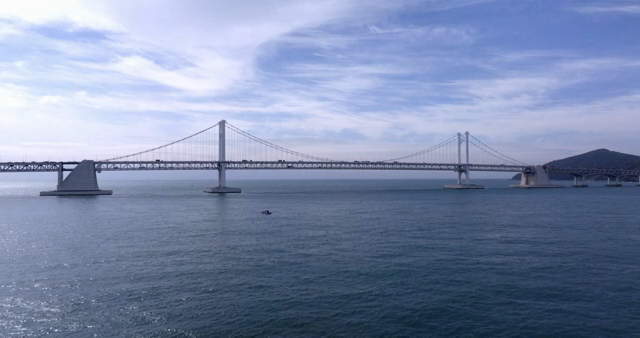 A large suspension bridge over calm sea