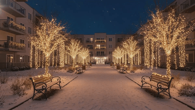 크리스마스 조명이 있는 눈 덮인 뜰