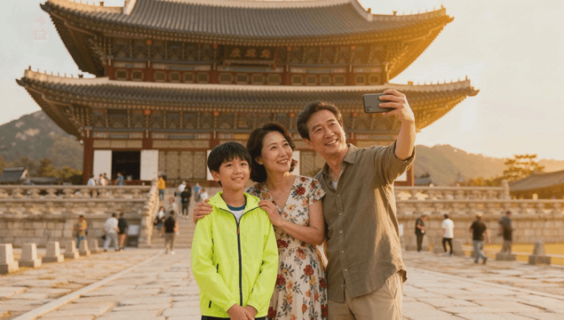 Family taking a selfie at a historic Korean palace