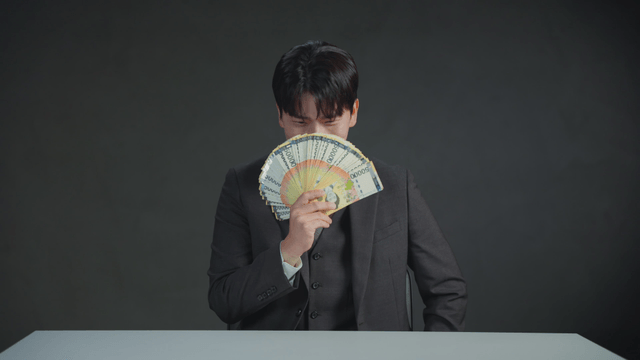Man smiling with his mouth covered by money