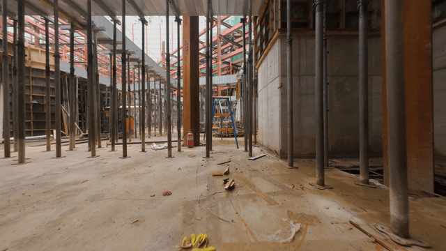Inside a construction site with scaffolding