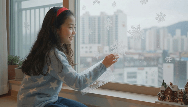 창가에서 눈송이를 붙이며 웃는 어린 소녀