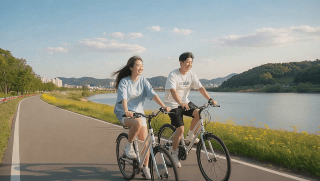 Young couple cycling along riverside path