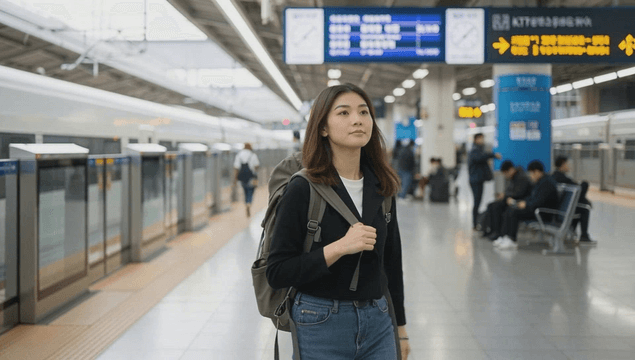 기차역 플랫폼에서 배낭을 멘 젊은 여성