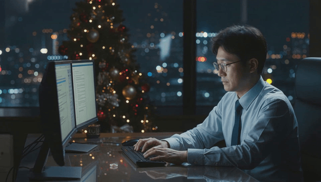 Man working late at night in office