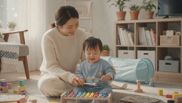 Mother and child playing xylophone together