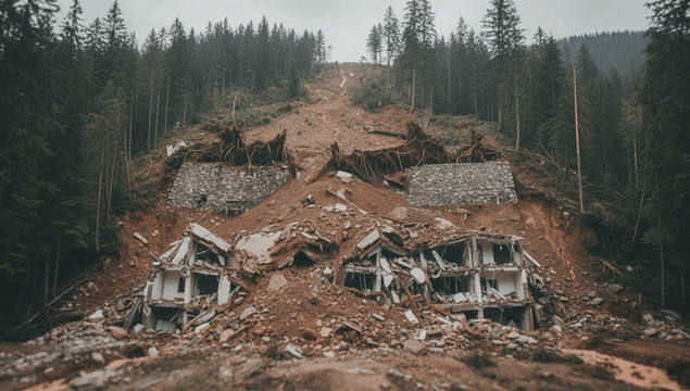 Exposed landslide debris on a forested slope