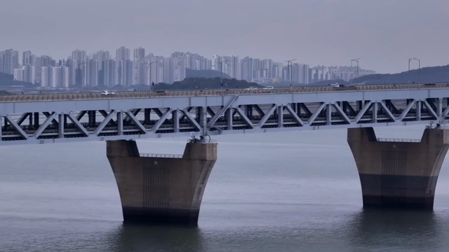 Bridge over river with city skyline