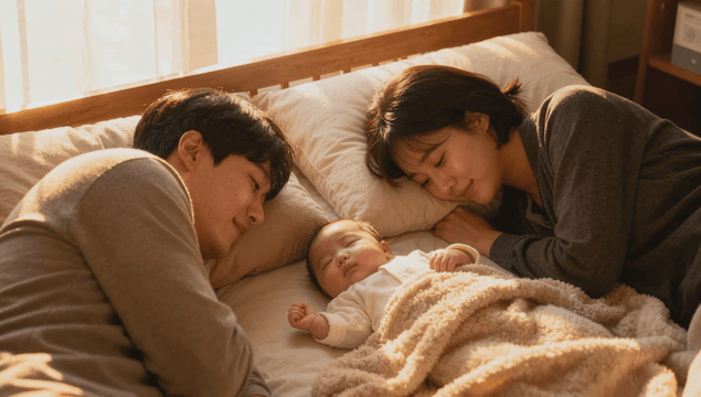 Newborn baby and parents resting together on a sunlit bed