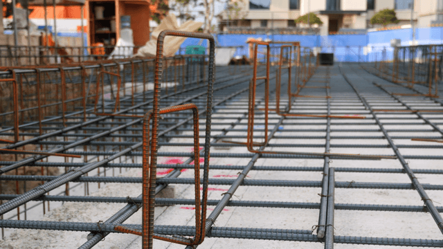 Construction site with steel rebar framework