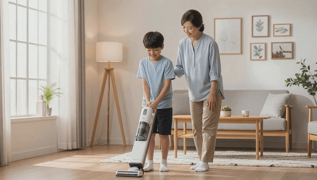 Mother teaching her young son how to use a vacuum cleaner