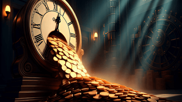 Coins flowing from a clock in a vault