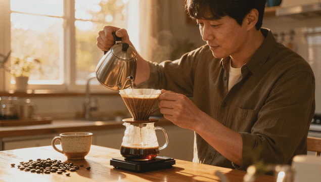 Man brewing coffee in a cozy kitchen
