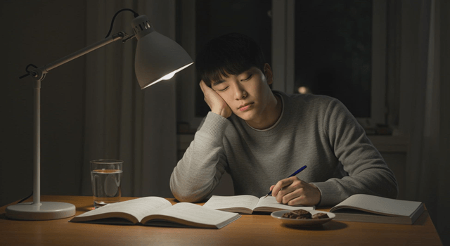 Man dozing off while studying at a desk