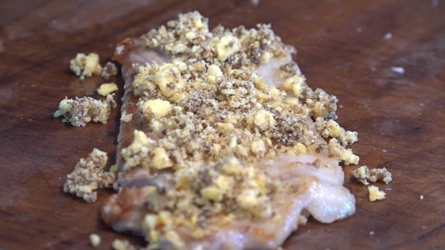 Seasoning placed on top of grilled pork belly