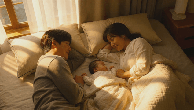 Young parents lying on the bed with their baby