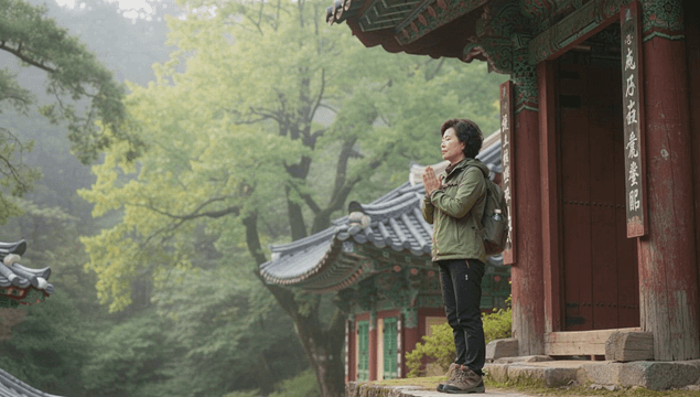 Female practitioner praying at the entrance of a traditional temple
