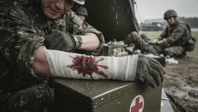 Bleeding soldier with bandages on a rainy battlefield