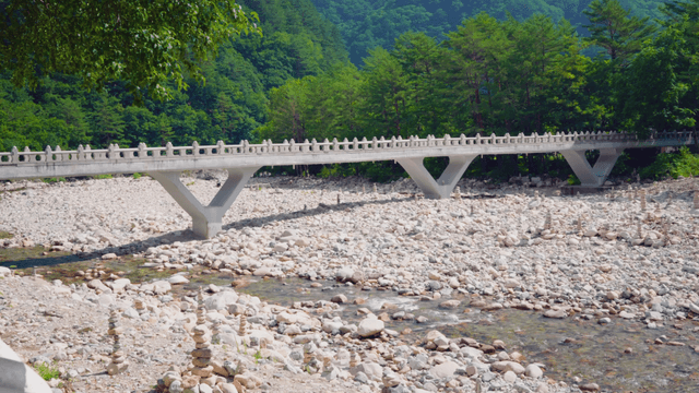 Bridge over small stream among rocky field
