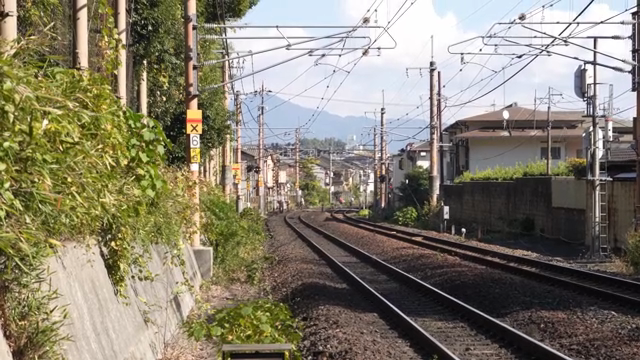 Railway tracks leading through a suburban area