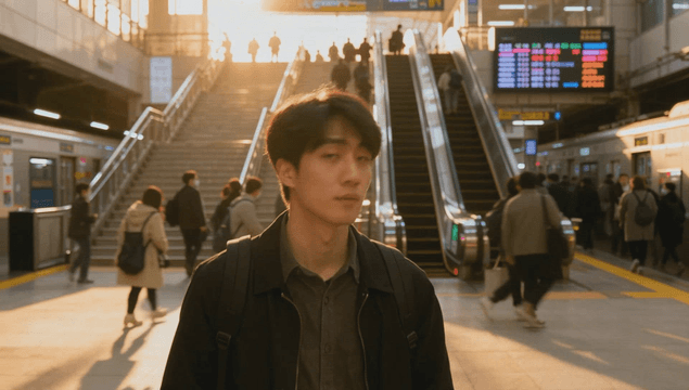 Man looking around in a subway station with evening sunlight