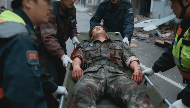 Rescue team carrying an injured soldier
