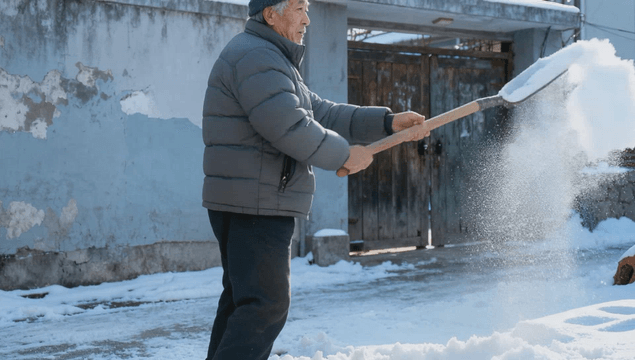 Senior man shoveling snow on a rural roadside