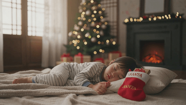 크리스마스 트리 옆에서 자는 아이