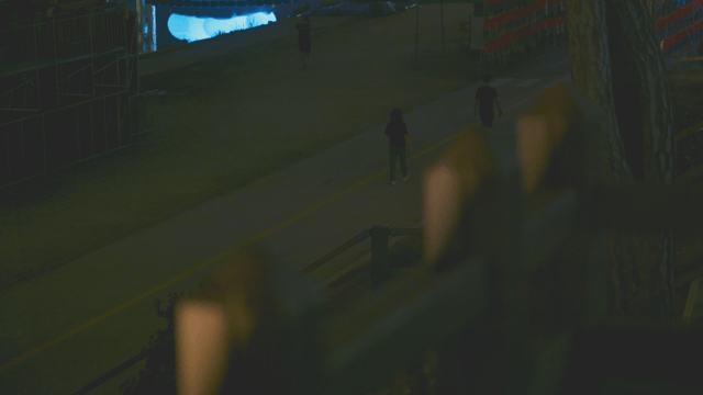 어두운 밤 산책로를 걷는 사람들