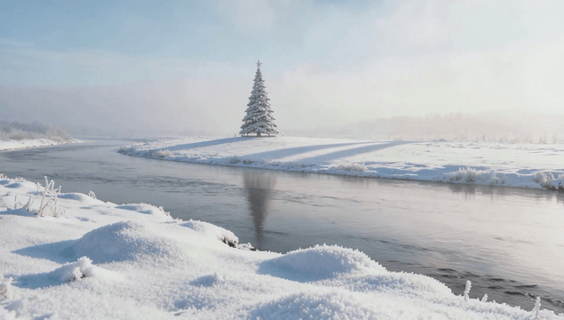 강이 있는 눈 덮인 풍경