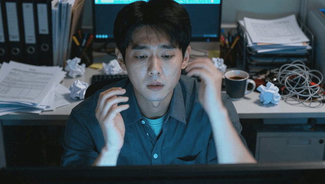 Male office worker working late at cluttered desk