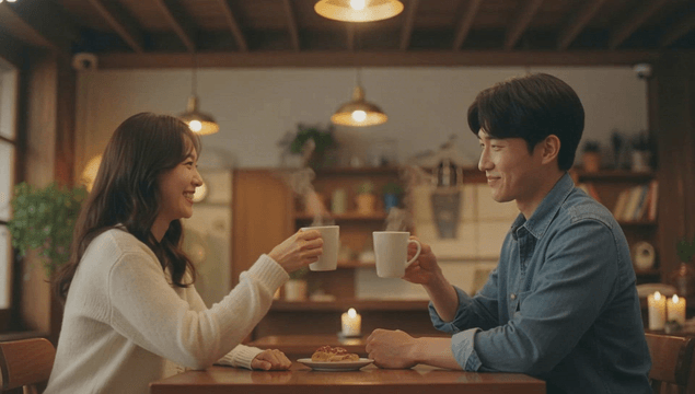 Couple enjoying coffee in a cozy cafe